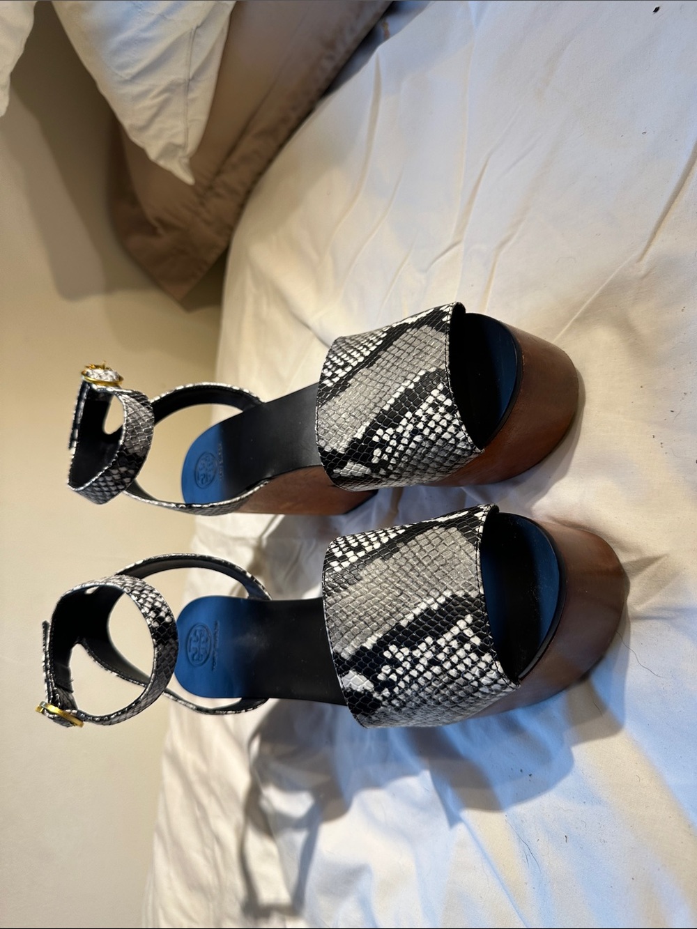 Tory Burch Black & White Snake-Print Platform Sandals